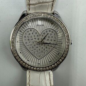 Guess Watch Women Silver Tone Heart Dial White Leather Band New Battery 9.5 Inch
